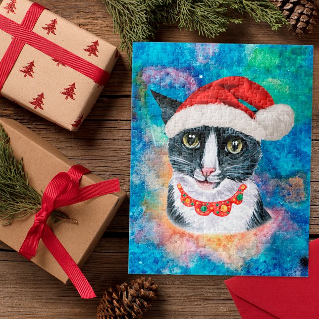 Quebra-cabeça Natal engraçado de gato preto e branco de Natal (Criador carregado)
