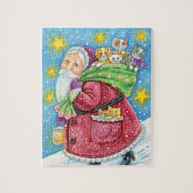 Quebra-cabeça Natal fofo, Papai Noel com gatinhos e gatos! (Vertical)