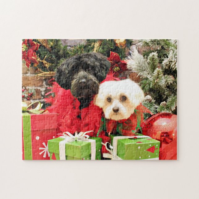 Quebra-cabeça Natal - maltês - Annie e YorkiePoo - Hannah (Horizontal)