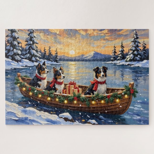 Quebra-cabeça Natal no barco com Border Collie (Horizontal)