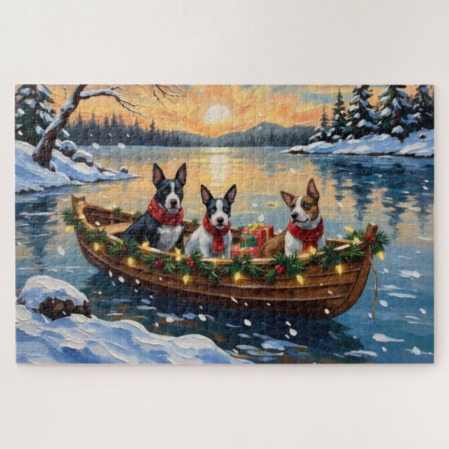 Quebra-cabeça Natal no barco do Bull Terrier (Horizontal)
