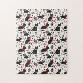 Quebra-cabeça Natal para Gatos Pretos Retro Bonitos