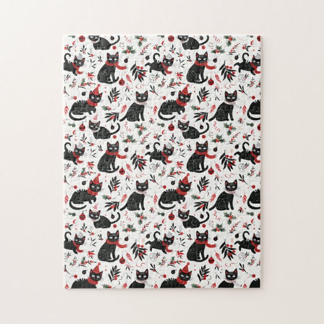 Quebra-cabeça Natal para Gatos Pretos Retro Bonitos (Vertical)