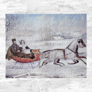 Quebra-cabeça Natal vintage, o inverno da estrada, cavalo do