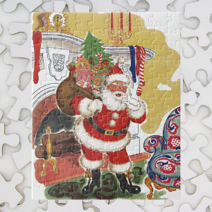 Quebra-cabeça Natal vintage, Papai Noel alegre com presentes