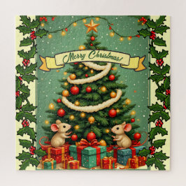 Quebra-cabeça Natal Vitoriano Feliz Ratos Vermelho Verde Azevinh