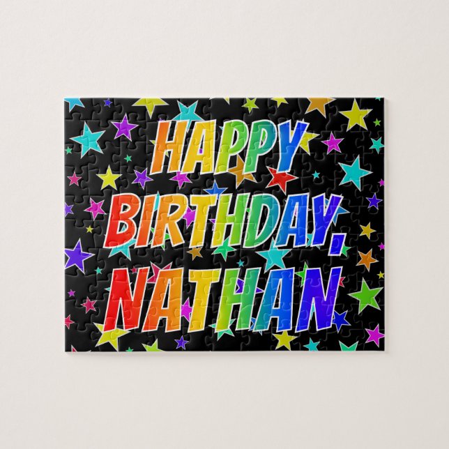 Quebra-cabeça "NATHAN" Primeiro Nome, Diversão "FELIZ ANIVERSÁRI (Horizontal)