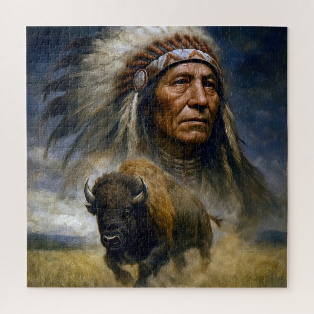 Quebra-cabeça Native American Chief with Charging Buffalo (Vertical)