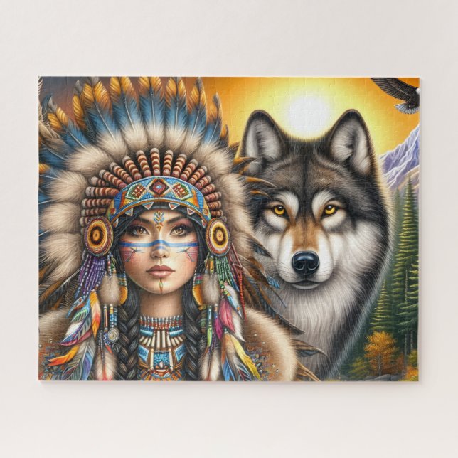 Quebra-cabeça Native American Female With  Wolf (Horizontal)