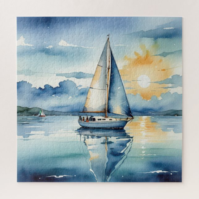 Quebra-cabeça Nave-vela com aquarela em lago ao sol (Vertical)