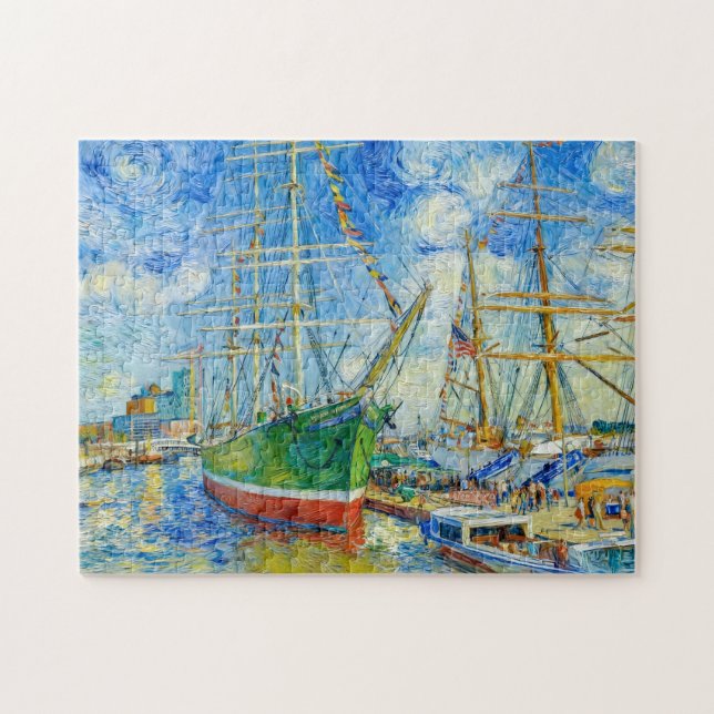 Quebra-cabeça Navio Alto Impressionista no Porto de Hamburgo com (Horizontal)