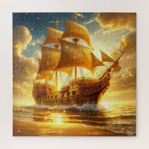 Quebra-cabeça Navio Dourado à Vela no Mar do Pôr do Sol