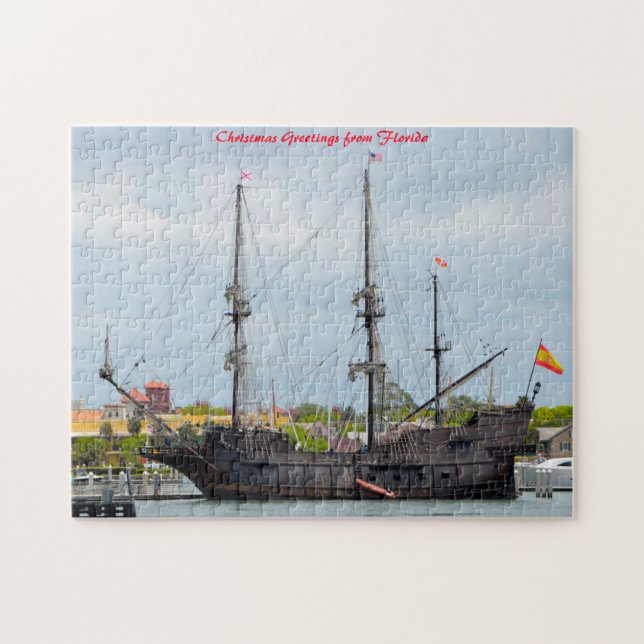 Quebra-cabeça Navio Galeão Antigo Flórida. Saudações de Natal (Horizontal)