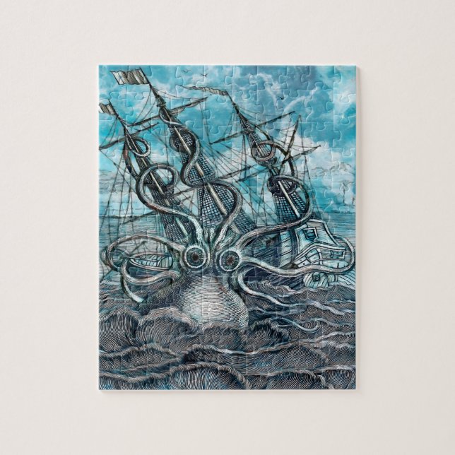 Quebra-cabeça Navio gigante Octopus Blue Sea Monster (Vertical)