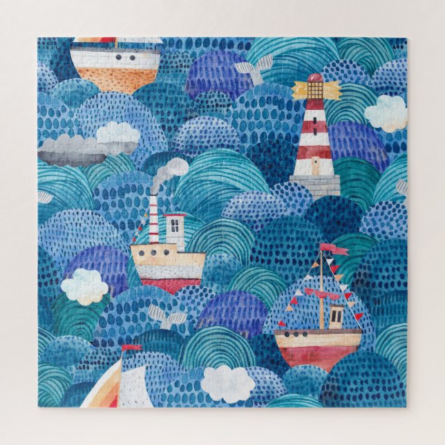 Quebra-cabeça Navios e Faróis: Aquarela Infantil (Vertical)