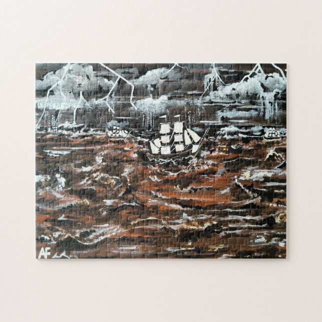 Quebra-cabeça Navios em uma Tempestade Pintura por Alfred Fox (Horizontal)
