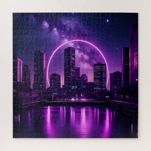 Quebra-cabeça Neon Cyberpunk Cityscape - Roxo futurístico