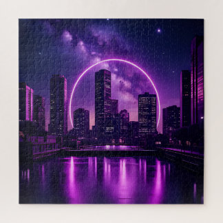 Quebra-cabeça Neon Cyberpunk Cityscape - Roxo futurístico