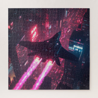 Quebra-cabeça Neon Jet Sobre Cyberpunk City - Sci-Fi Quebra-cabe