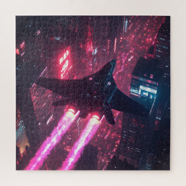 Quebra-cabeça Neon Jet Sobre Cyberpunk City - Sci-Fi Quebra-cabe (Vertical)