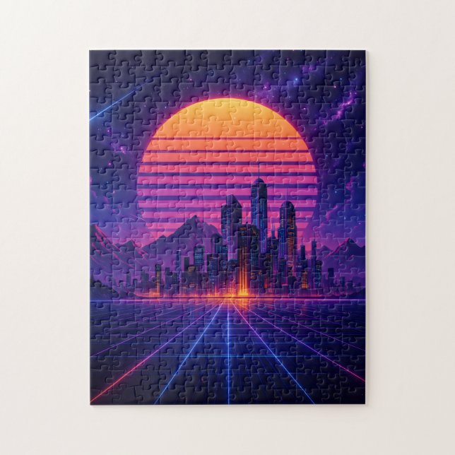 Quebra-cabeça Neon Skyline Horizon – Retro Synthwave Cityscape (Vertical)