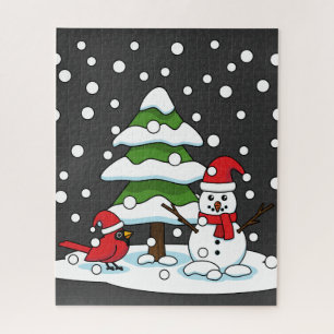 Quebra-cabeça Neve Caindo no Cardeal, Snowman e Pine Tree