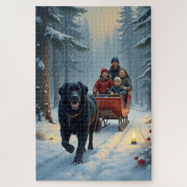 Quebra-cabeça Newfoundland Dog Snowy Sleigh Ride Christmas (Vertical)