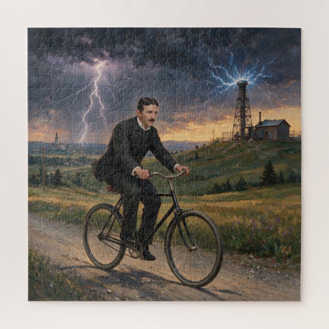 Quebra-cabeça Nikola Tesla andando de bicicleta para seu laborat (Vertical)