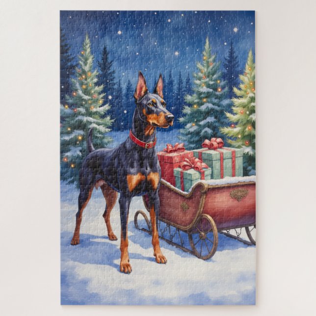 Quebra-cabeça Noble Doberman Guarding Christmas Sleigh Winter (Vertical)