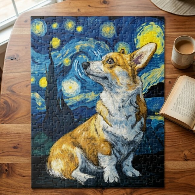 Quebra-cabeça Noite Estrelada Corgi Cachorro Arte Impressionista (corgi starry night jigsaw puzzle)