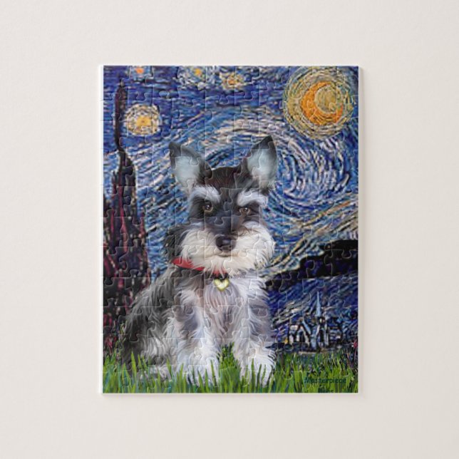 Quebra-cabeça Noite Estrelada - Filhote de Schnauzer #10 (Vertical)
