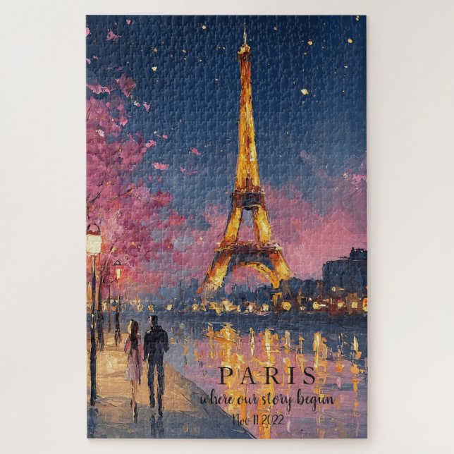 Quebra-cabeça Noite Personalizada em Paris | Citação Personaliza (Vertical)