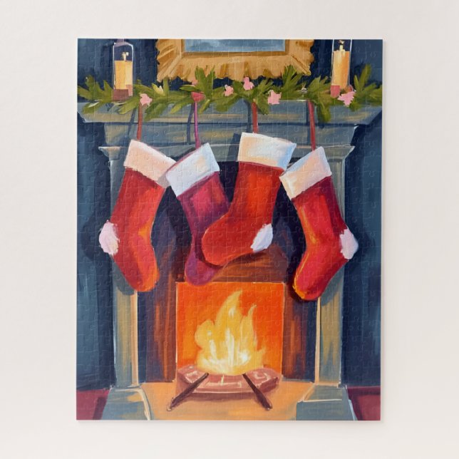 Quebra-cabeça Noite Santa | Meias de Natal Aquarela (Vertical)