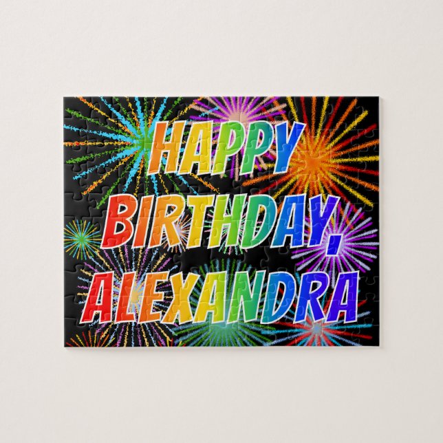 Quebra-cabeça Nome "ALEXANDRA", Diversão "FELIZ ANIVERSÁRIO" (Horizontal)