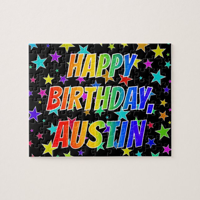 Quebra-cabeça Nome "AUSTIN", Diversão "FELIZ ANIVERSÁRIO" (Horizontal)