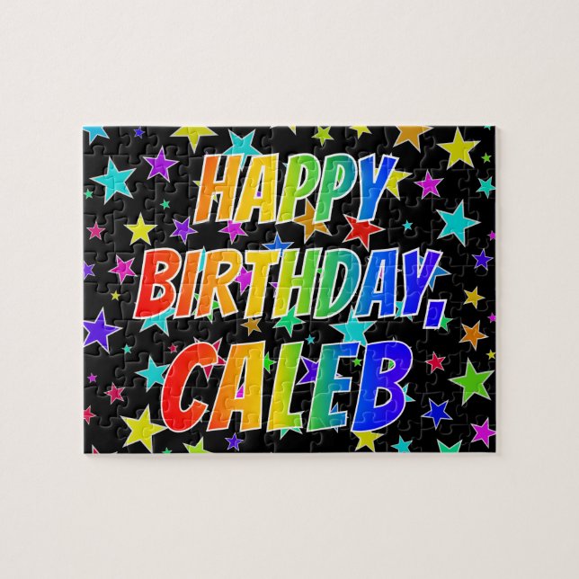 Quebra-cabeça Nome "CALEB", Diversão "FELIZ ANIVERSÁRIO" (Horizontal)