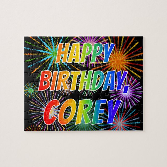 Quebra-cabeça Nome "COREY", Diversão "FELIZ ANIVERSÁRIO" (Horizontal)