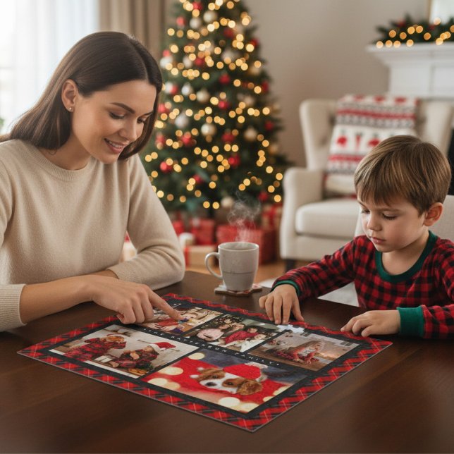 Quebra-cabeça Nome da Família 5 Foto Colagem Vermelha Xadrez Mod (Criador carregado)