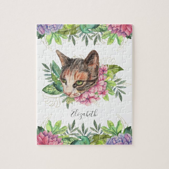 Quebra-cabeça Nome de Gato Floral de Olhos Verdes Fofo (Vertical)