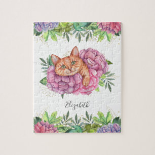 Quebra-cabeça Nome de Gato Floral Fofo Adorável
