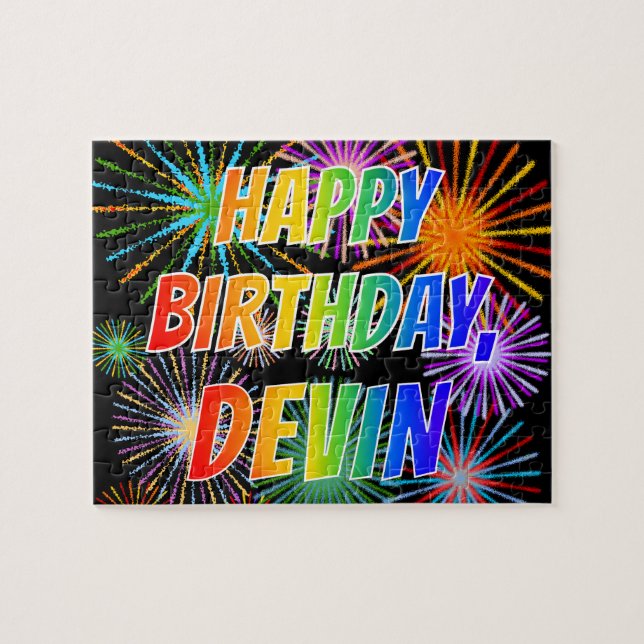 Quebra-cabeça Nome "DEVIN", Diversão "FELIZ ANIVERSÁRIO" (Horizontal)