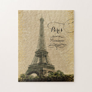 Quebra-cabeça Nome do Monograma do Mapa Vintage da Torre Eiffel