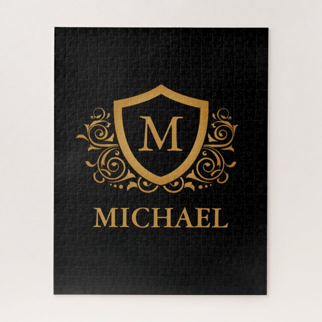 Quebra-cabeça Nome do Monograma Personalizado de Na moda Preto e (Vertical)