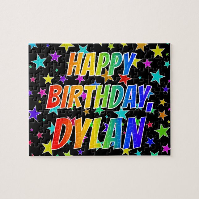 Quebra-cabeça Nome "DYLAN", Diversão "FELIZ ANIVERSÁRIO" (Horizontal)