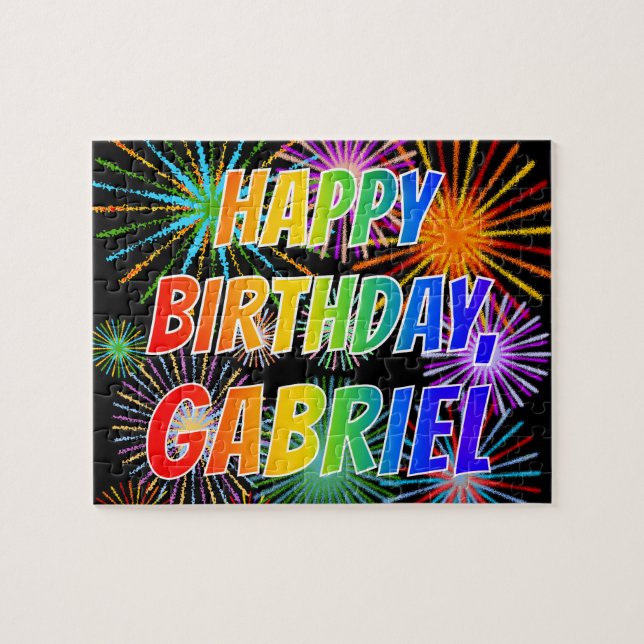 Quebra-cabeça Nome "GABRIEL", Diversão "FELIZ ANIVERSÁRIO" (Horizontal)
