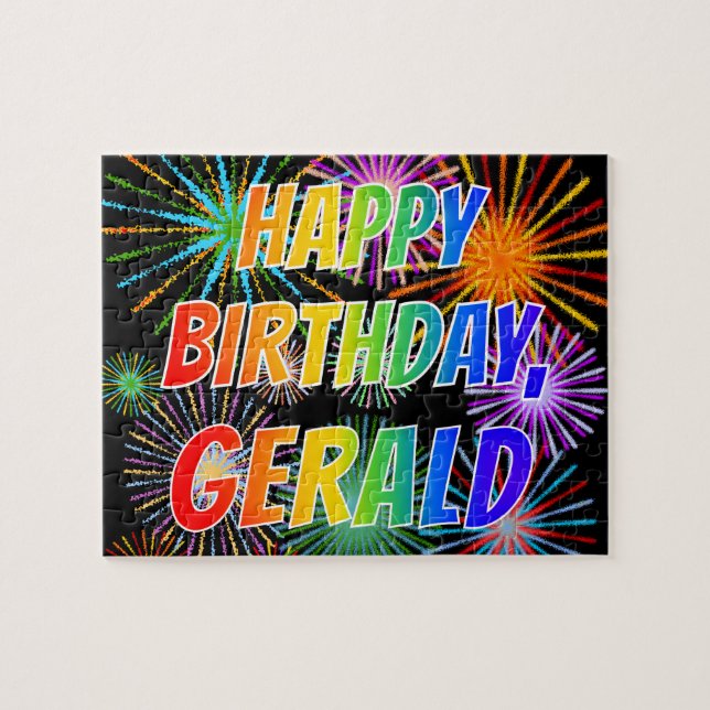 Quebra-cabeça Nome "GERALD", Diversão "FELIZ ANIVERSÁRIO" (Horizontal)