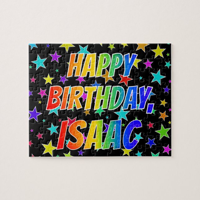 Quebra-cabeça Nome "ISAAC", Diversão "FELIZ ANIVERSÁRIO" (Horizontal)
