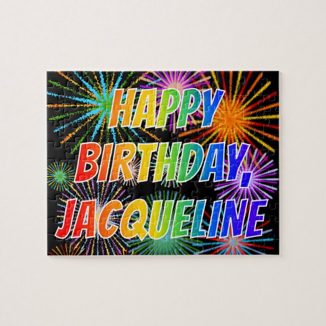 Quebra-cabeça Nome "JACQUELINE", Diversão "FELIZ ANIVERSÁRIO" (Horizontal)