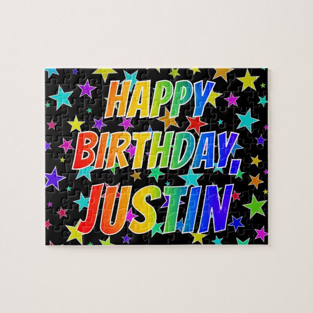 Quebra-cabeça Nome "JUSTIN", Diversão "FELIZ ANIVERSÁRIO" (Horizontal)