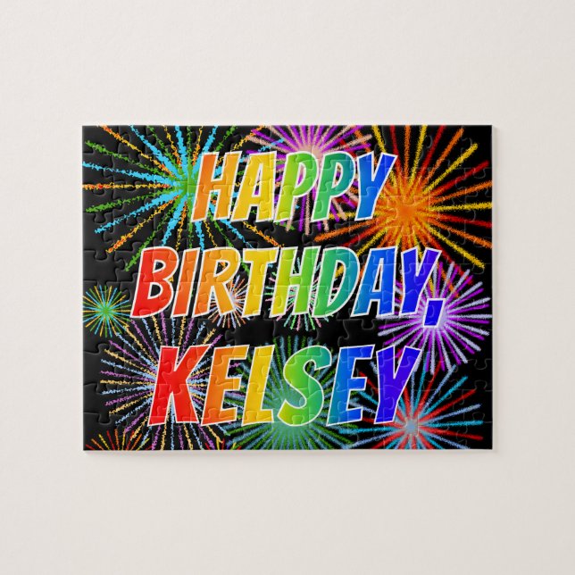 Quebra-cabeça Nome "KELSEY", Diversão "FELIZ ANIVERSÁRIO" (Horizontal)